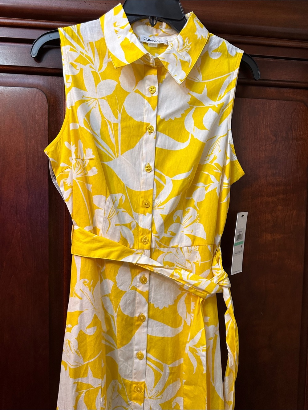 Calvin Klein Yellow and White Midi Shirt Dress